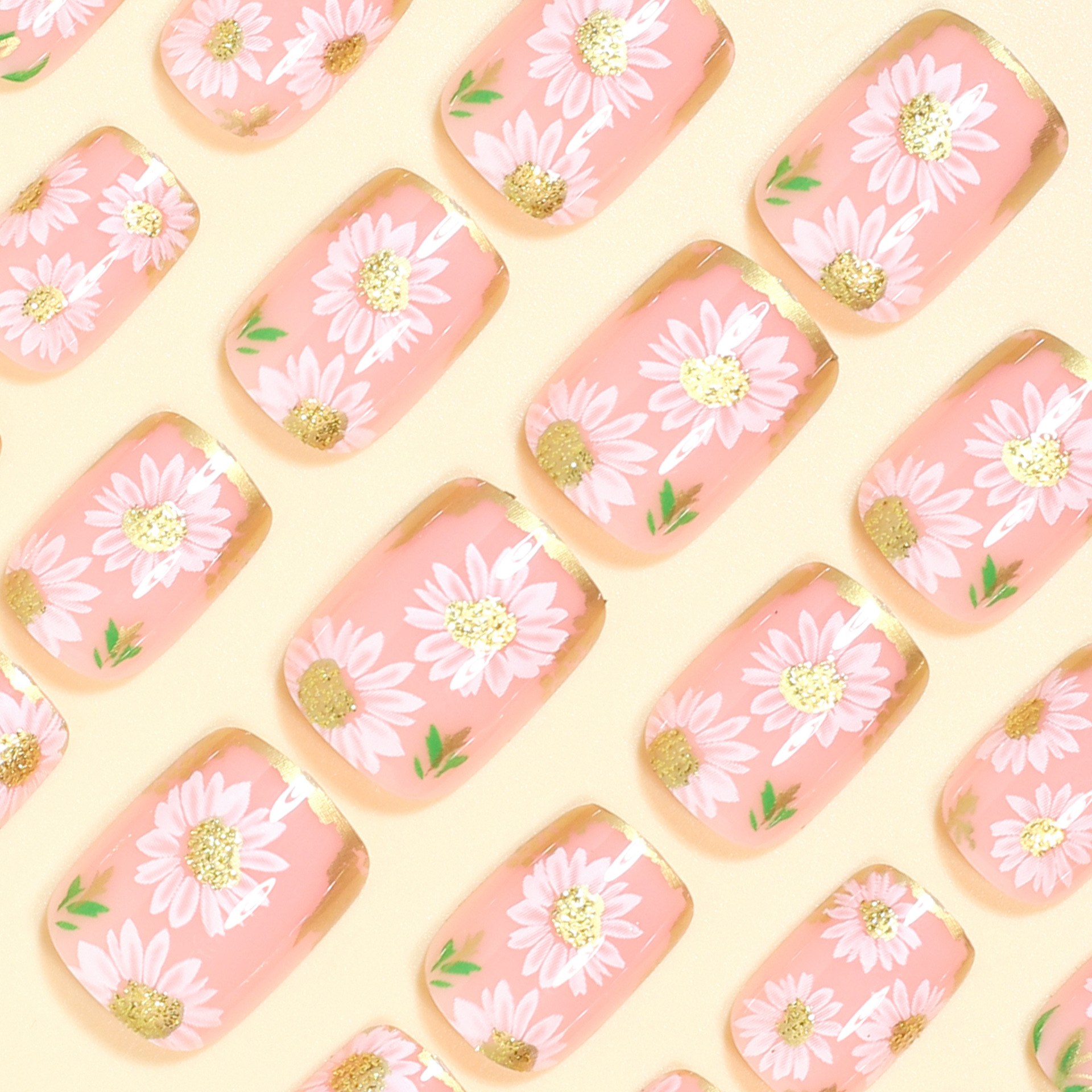 Short Square fake nails golden - Pressed Flower Frame reseña y precio