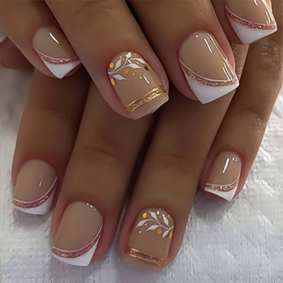 Short Square fake nails golden - Pressed Flower Frame reseña y precio